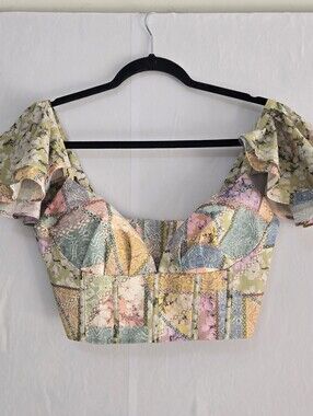 AQUA BLU Sz S Patchwork Bustier Silk Blend Top, Zip Up Back & Flutter Sleeves